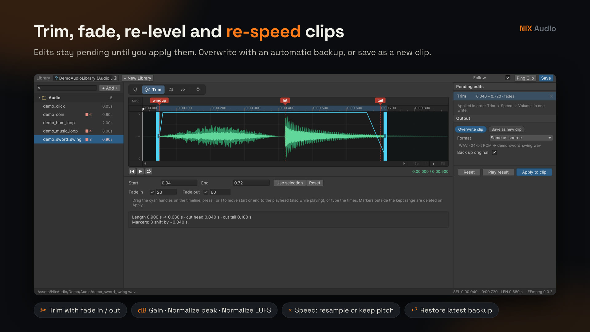 Trim, fade, re-level and re-speed clips